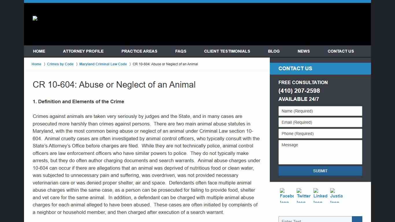 CR 10-604: Abuse or Neglect of an Animal Towson, Maryland Criminal Defense Lawyers